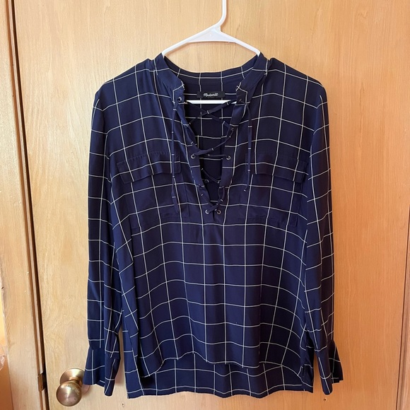 Madewell Silk Lace-Up Shirt in Windowpane Plaid - Picture 6 of 8